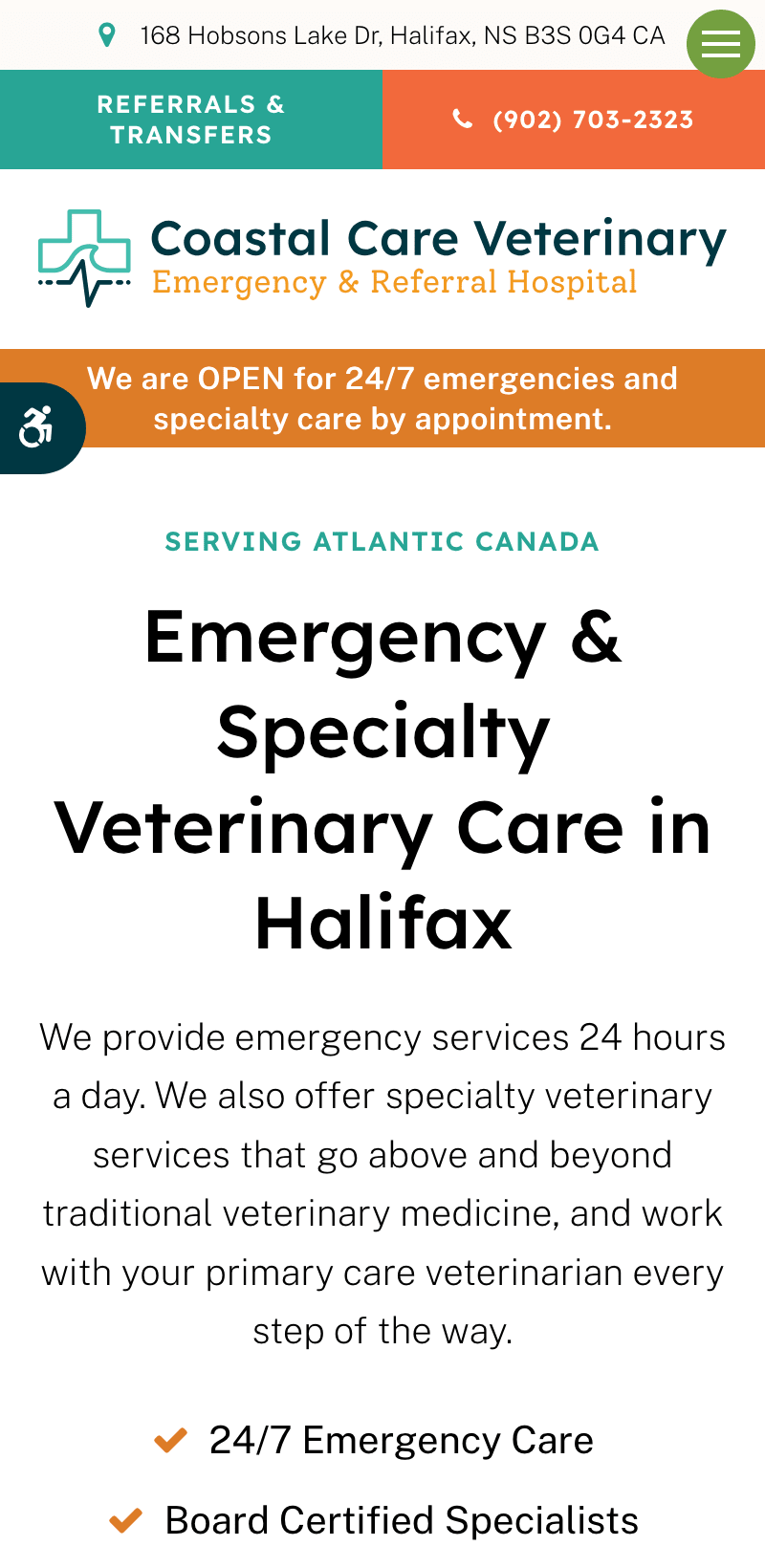 The mobile version of Coastal Care Veterinary Emergency & Referral Hospital's website.