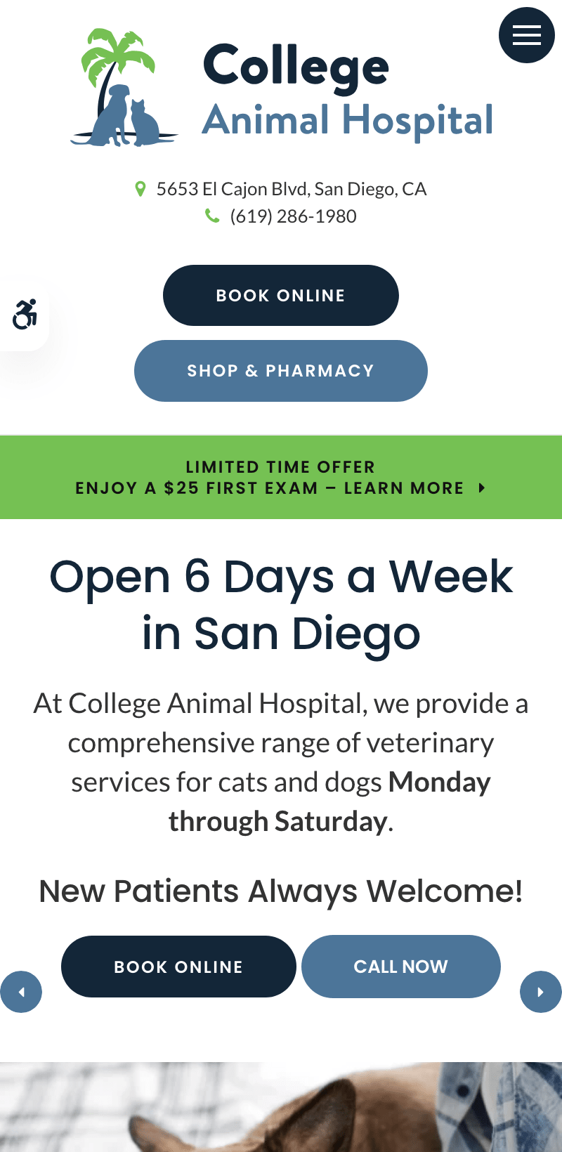 The mobile version of College Animal Hospital's website.