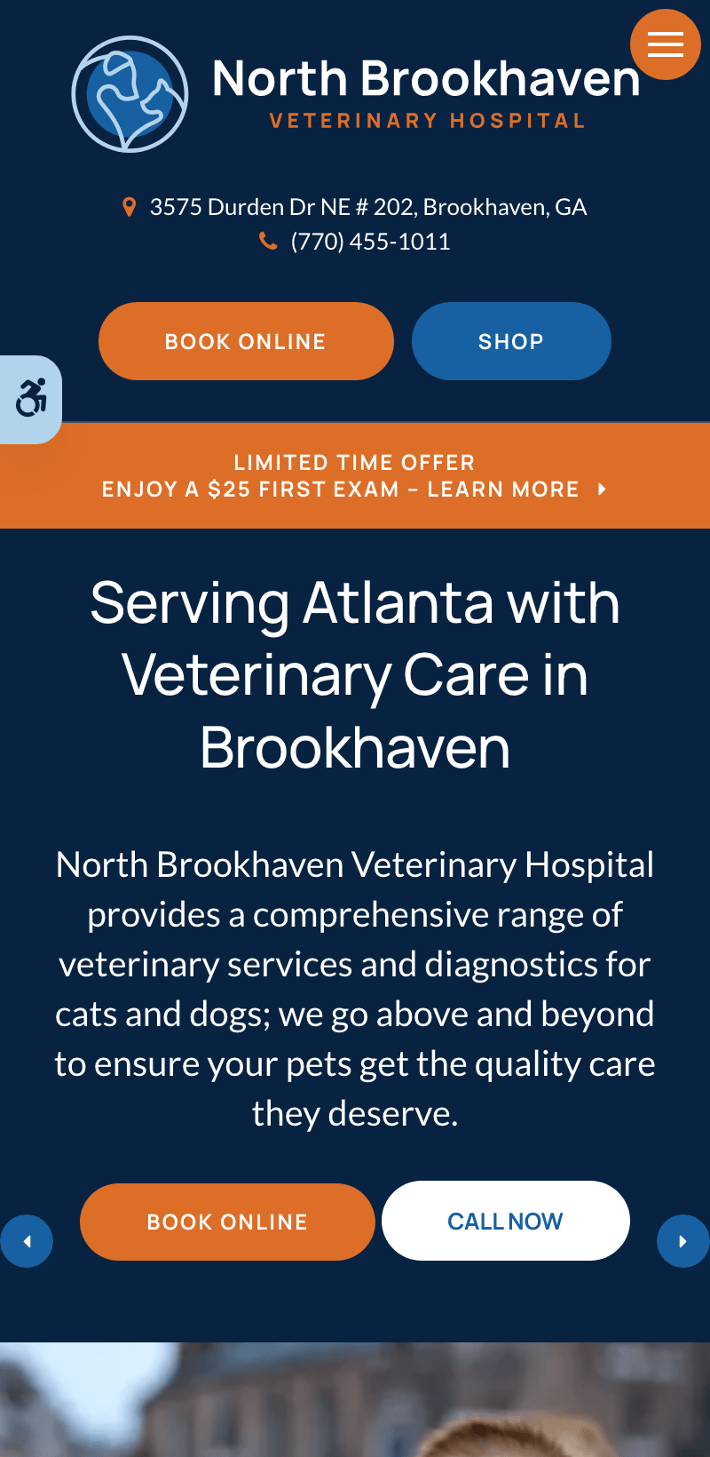 The mobile version of North Brookhaven Veterinary Hospital's website.