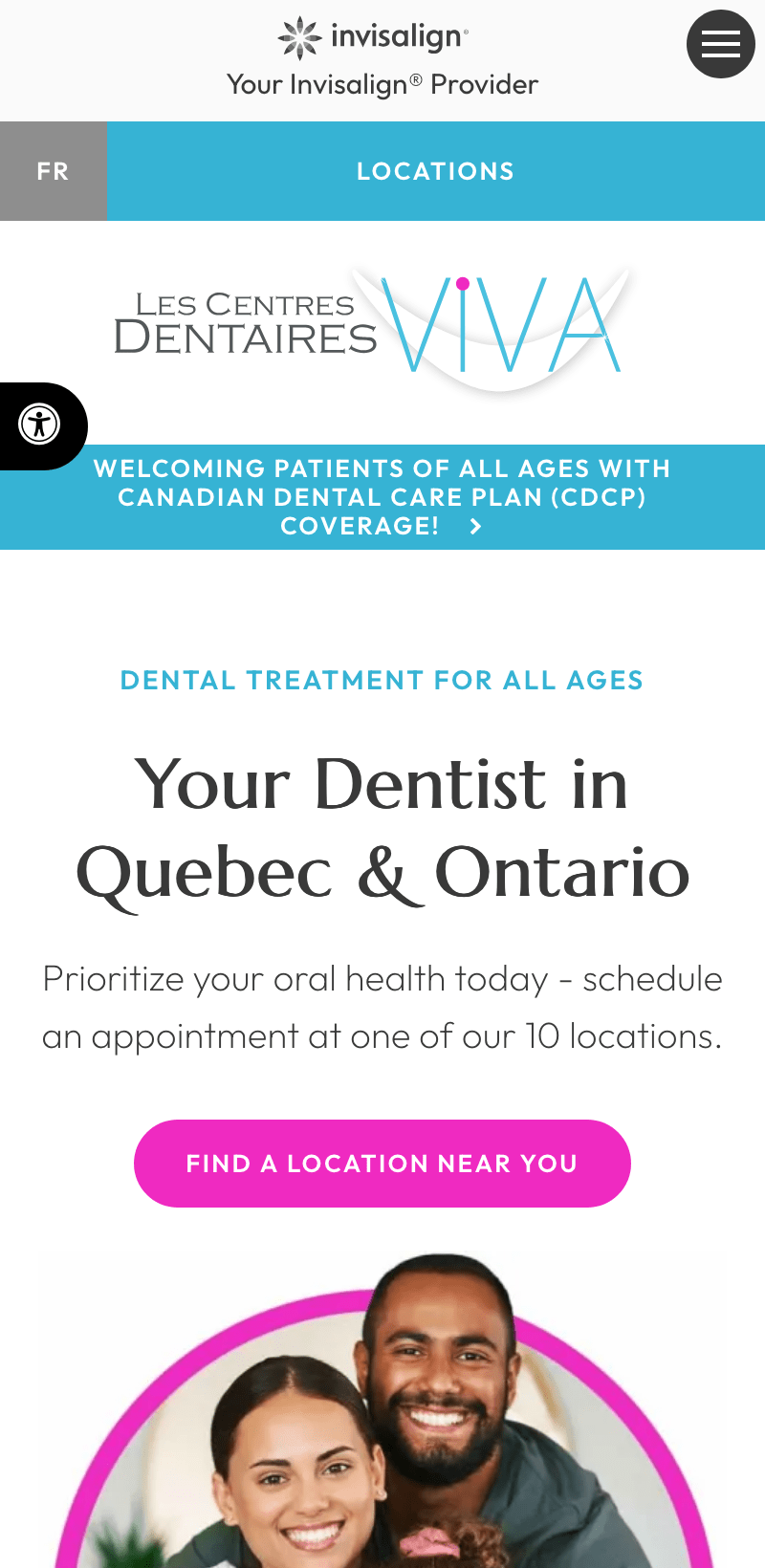 The mobile version of Les Centres Dentaire VIVA's website.
