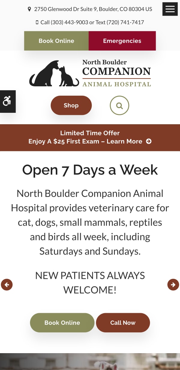 The mobile version of the North Boulder Companion Animal Hospital website, which is hosted on Tymbrel.