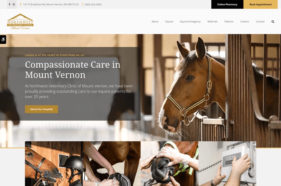 The desktop version of the Northwest Veterinary Clinic of Mount Vernon website, which is hosted on Tymbrel.